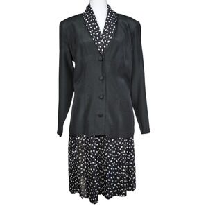 Vtg 90s Skirt Suit Sz 12 Black White Polka Dot Pleated Sheer Jacket‎ Incognito